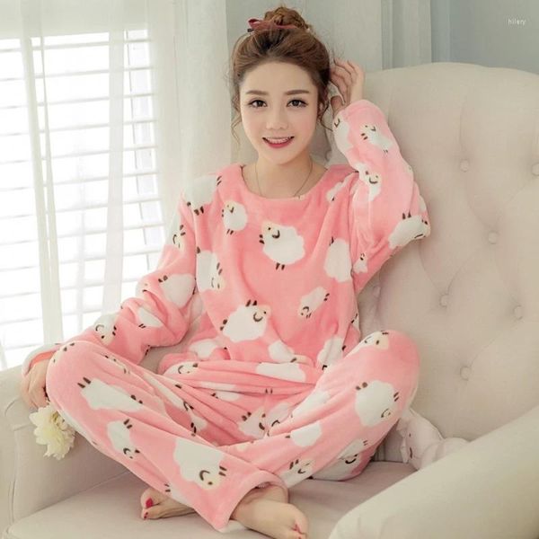 Ropa en el hogar Lindo estampado de oveja rosa Invierno 2024 Largo Pajama casual Juego de manga espesa trajes 2 piezas Pajamas S87806