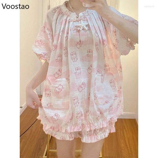 Accueil Vêtements mignons imprimé lolita Pajamas Femmes Sweet Room Wear Kawaii Tops Shorts 2 pièces Set Girls Summer Casual Slembear Pijamas