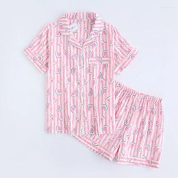 Huiskleding schattige watermeloen roze korte pyjama sets vrouwen slaap lounge Koreaanse zomer gaas katoenen mouwen pijama's de las mujeres