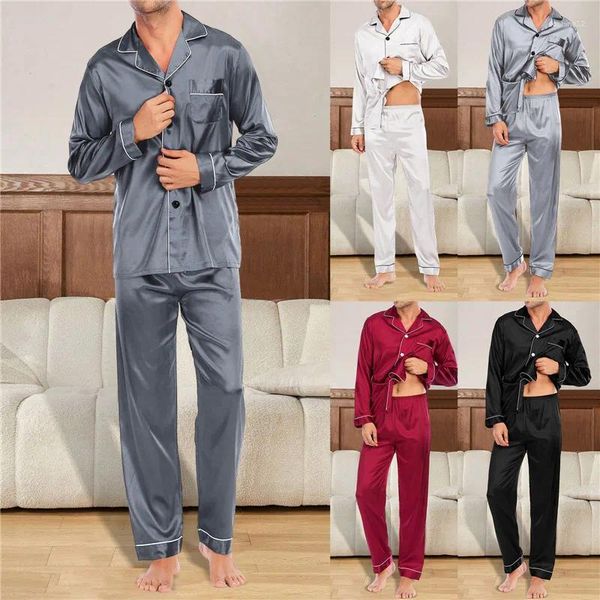 Inicio Ropa DIHOPE Cómoda Ropa de Dormir de Seda de Leche Conjunto de Pijama de Primavera Verano para Hombres con Estilo Solapa a Juego de Color sólido Largo de un Solo Pecho