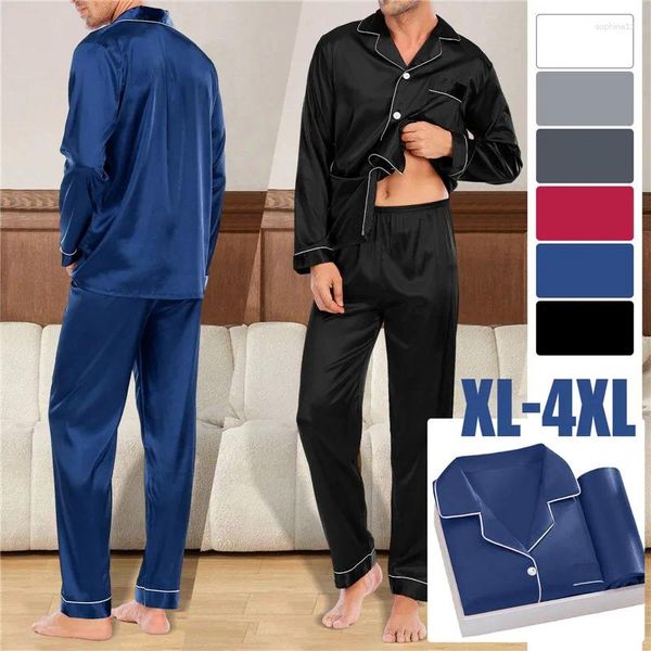 Home Vêtements Dihope Men Pyjama Sets Silk Satin Pijama Cold-down Vérification des vêtements de nuit à manches longues mâles de printemps mâles 2 pièces de la maison