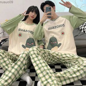 Home Vêtements Dinosaur Carton Pyjamas Pajamas Coton Couples Pyjama à manches longues Ensembles de pyjamas pour femmes