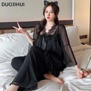 Accueil Vêtements Duojihui Black Chicly Pace-Up Lace Pullover Sweet Female Pyjamas Set Simple Pant Fashion 3 Colors Casual for Women