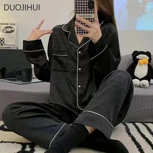 Home Vêtements Duojihui Black Spring Two Pied Two Pied Female Casual Female Pajamas Classic Long Manched Cardigan Chic Pant Fashion For Women