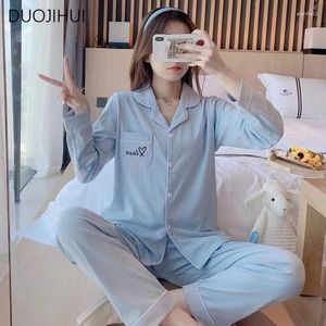 Home Clothing Duojihui Sweet Two -Piece Solid Color Vrouw Pyjama Sets Spring Simple Cardigan Basic Pant Fashion Casual For Women