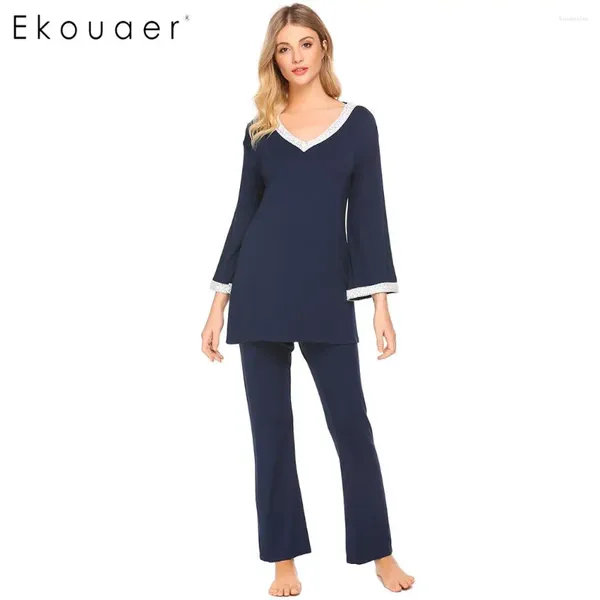 Vêtements à domicile Ekouaer Femmes Nightwear Pyjamas Set à manches longues Lace Patchwork V Coule de cou avec un pantalon lâche Pyjama Slembearwear Outomne