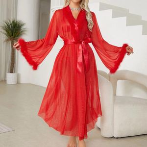Thuiskleding Est Red Black Colors Long Style Pyjamas Bathroben For Women Luxury Design Mouws Fur Cool Feeling Rabes