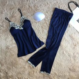 Home Vêtements Fashion Luxury Lace Silk Pajama Set Summer Automne pour femmes Spaghetti Strap Sleeping Pant Pantal