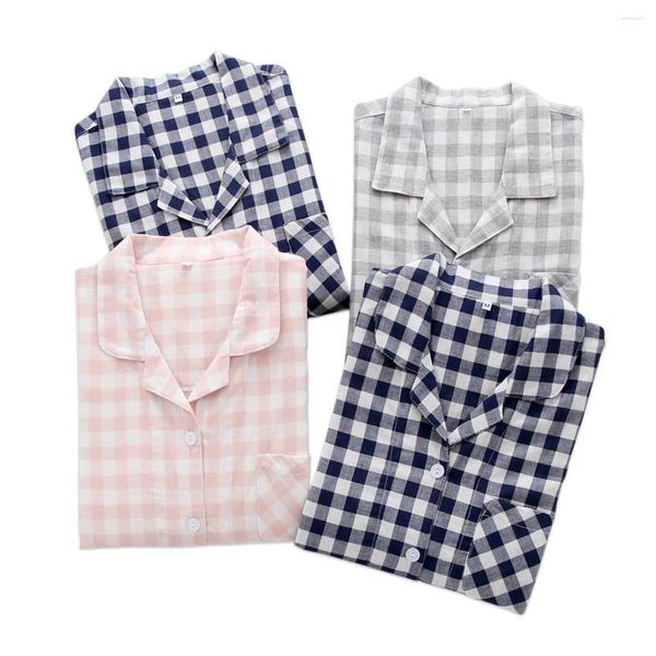 Accueil Vêtements Fashion Plaid Couple Indoor Femmes Coton Pyjamas Men de nuit Malence décontractée Pyjama à manches longues