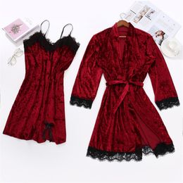 huiskleding mode fluwelen kanten pyjama set vrouwen slaapkleding pyjamas twope wit robe jurk nachtkleding nachtdress huis slijtage kimono 221202