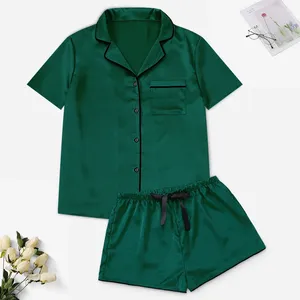 Pyjama à manches courtes pour femme, ensemble pyjama en Satin, ample, couleur unie, vert, vêtements de maison, printemps et été