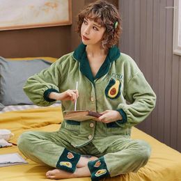 Vêtements à domicile Flanelle 2pcs Slembe-Slembear Pyjamas Winter Set Femmes Lapel Shirtpants Coral Fleece Pijamas Suit Pyjamas Green