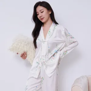 Thuiskleding Bloemen satijnen zijden pyjama's voor vrouwen 2 stuks broek met lange mouwen pak v nek sexy slaapkleding mode kan extern worden gedragen