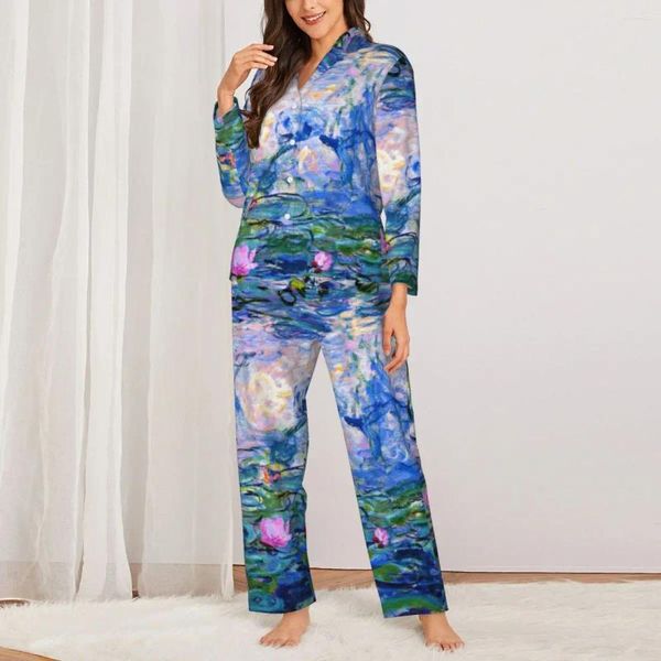 Inicio Ropa Pijamas con diseño de flores para mujer, ropa de dormir con estampado artístico famoso, ropa de dormir de moda, conjunto Vintage de gran tamaño de otoño de 2 piezas