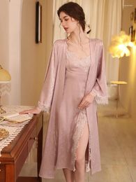 Ropa en el hogar Spaghetti Strap Slit Nightdress Bata Two Pieces Suits Spring Silk Lace Cardigan Solero Princesa