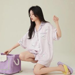 Home Clothing Funishi-Women's Ice Silk Silk Short Sleeveved Pyjamas Cartoon Cardigan Losse versie Sweet Summer Shorts Pak