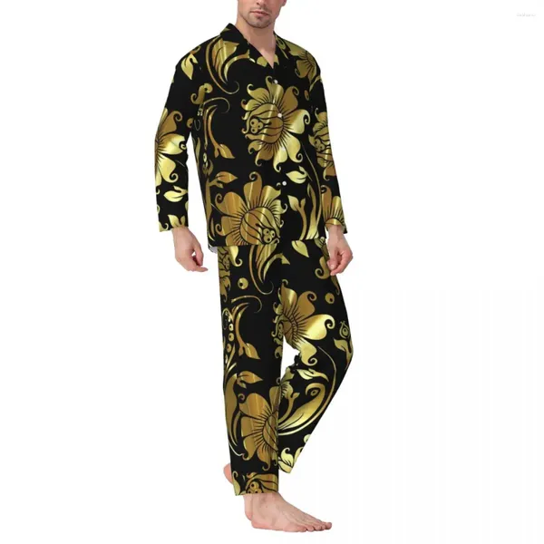 Inicio Ropa Ropa de dormir con estampado barroco dorado Primavera Damascos negros y brillantes Conjunto de pijama informal de gran tamaño Hombre Ropa de dormir suave de manga larga para dormitorio