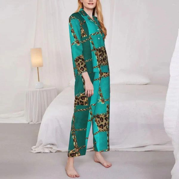 Ropa casera cadena dorada de pijama estampado Lady Leopardo Lindo Sleep Nightwear Nightwear Autumn Dos piezas Traje personalizado informal de gran tamaño