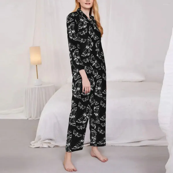 Accueil Vêtements Gothic Print Pyjama Set printemps White Death Head Moth Fashion Sleepwear Sleepwear Feme