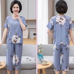 Inicio Ropa Conjunto de ropa de dormir para abuela Pijama elegante para mujer de mediana edad con estampado de flores, Top de manga corta, pantalones anchos para madre