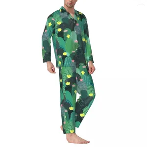 Vêtements à la maison Green Cactus Pajama Sets Floral Imprimerie florale Romantic Slembear Hommes à manches longues Vintage Daily 2 pièces Suit grande taille