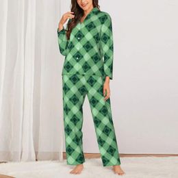 Vêtements de maison vert Geo imprimé vêtements de nuit automne carrés abstraits décontracté ample surdimensionné pyjama ensemble femme à manches longues romantique quotidien