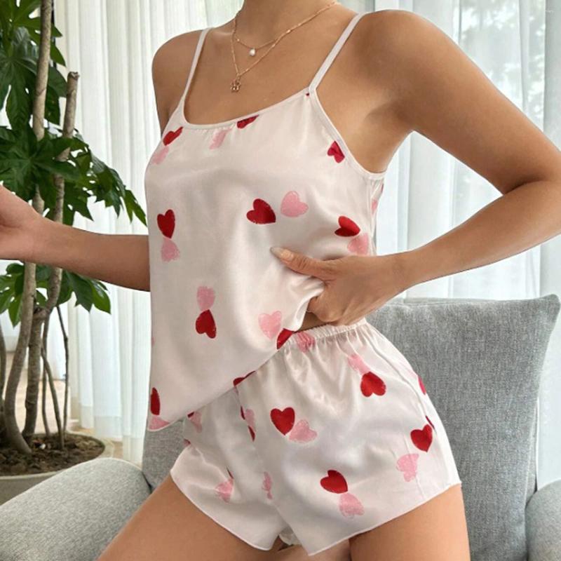 Home Clothing HEZIOWYUN Women's Sexy Satin 2Piece Pajamas Set Sleeveless Heart Print Cami Tops Casual High Waist Shorts Sleepwear Suits