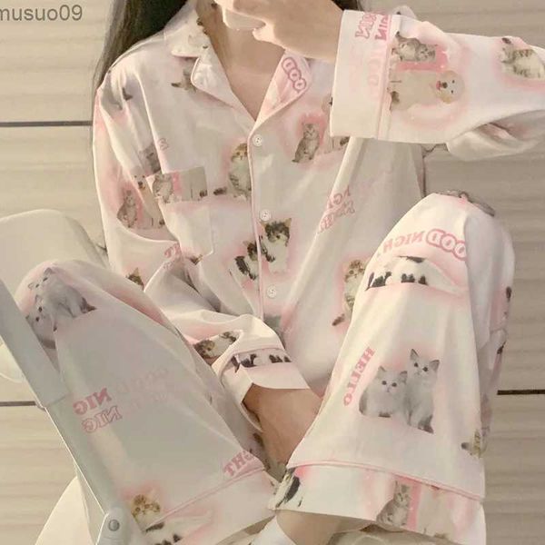 ropa para el hogar de alta calidad seda de hielo lindo huella de gato verano nuevo pajamas delgadas primavera y verano seda de seda juego de ropa para el hogar Pajamasl2403