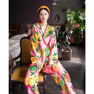 Home Kleding Hoge Kwaliteit Satijn Gedrukt Vrouwen Kimon Pyjama Set Loungewear Nachtkleding Voor 2 Stuks 2023 Lente Zijde Lange Mouw Homewear
