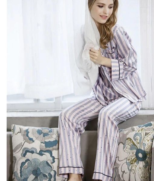 Ropa para el hogar de alta calidad para mujeres satén de otoño satén stip star estampado de pijamas set 5 piezas damas traje de ropa de dormir