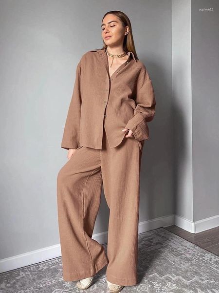 Vêtements à la maison Hiloc Brown Cotton Vêtements de sommeil pour femmes à manches longues 2 pièces sets de pantalon lâche costumes de pyjama féminin décontracté 2024 automne