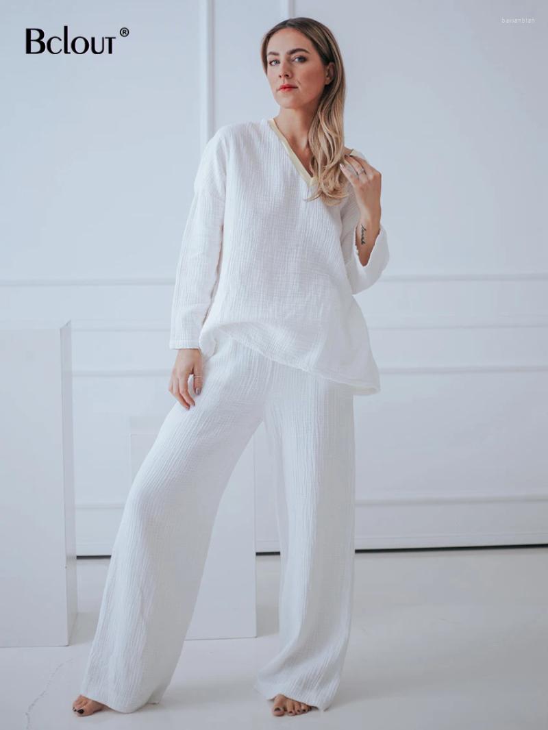 Hemkläder Hiloc Elegant White Cotton Pants Set Sleepwear Women 2024 Fashion Patchwork V-Neck Loose Tops Casual Trousers Pyjamas Female