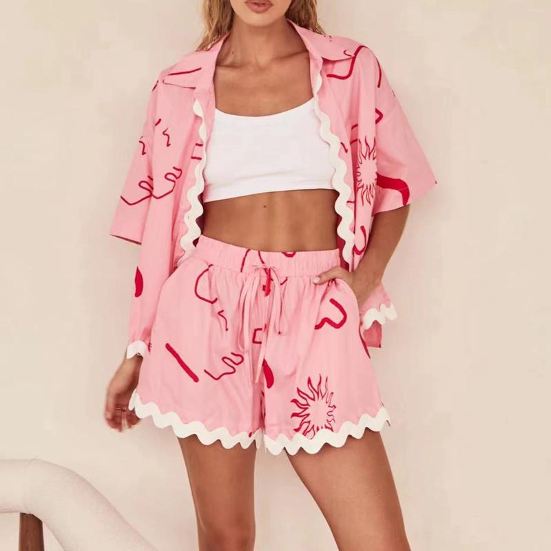 Home Kleding Hirigin Vinatge Dames Lounge 2 -delige outfits Korte mouw Down Shirt Shirt Shorts Set Y2K Summer Beach Vakantie Gedrukte sets