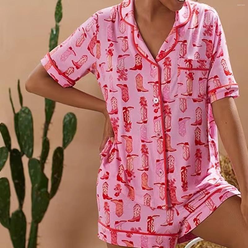 Home Clothing Hirigin Womens Lounge Sets 2 Piece Pink Cowgirl Boots Silk Pajamas Short Sleeve Pjs Tops And Shorts Satin Pajama Pants Set