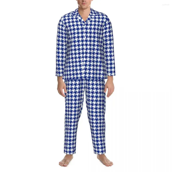 Inicio Ropa Conjunto de pijama con estampado de pata de gallo, ropa de dormir clásica azul y blanca Kawaii, traje de dormir Vintage de manga larga para hombre, traje de 2 piezas de talla grande 2XL