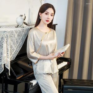 Home kleding ijs zijden pyjama's dames zomer Chinese stijl set met gesimuleerde satijnen deksel en jacquard kleding dunne printing vrouw