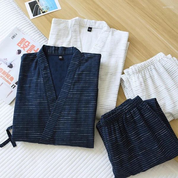 Inicio Ropa Conjunto de pantalones de kimono japonés Pijamas de algodón Yukata de dos piezas Servicio de traje de sudor suelto para hombres