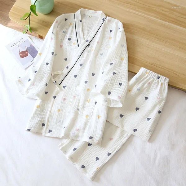 Vêtements à la maison kimono japonais printemps et été dames pyjamas en coton pyjamas minces minces pantalons à manches à trois quarts