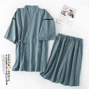 Home Kleding Japanse kimono gestreepte mannen Pyjama Set 2024 Zomer mannelijk pure katoenen dunne korte mouw shorts pyjama pak los 2 -delige