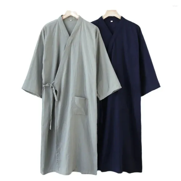 Home Vêtements Style japonais Kimono Bathrobe Men Breatchable Nightgown Sleepwear Summer Cotton Lace-Up Robe Loose Casual V-Neck Pyjama