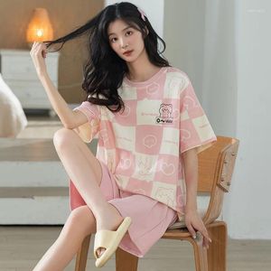 Pyjama japonais en coton à carreaux pour femmes, vêtements d'été mignons, Short à manches courtes, décontracté, peut être porté à l'extérieur, ensemble de vêtements pour la maison
