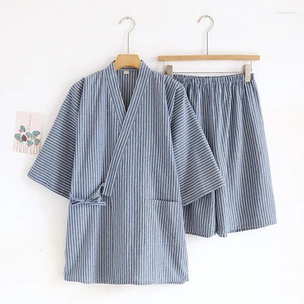 Vêtements à la maison japonais nouage kimono robes pyjamas ensemble pour hommes à rayures en coton à rayures en vrac mince short à manches courte vêtements hommes