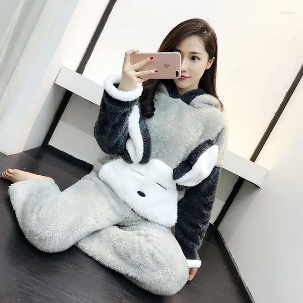 Ropa para el hogar Jinuo Patrón de color gris Polar Pajamas juegos con pijama femenino de invierno con capucha y bolsillo