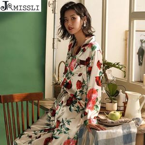 Ropa para el hogar Jrmissli Planta Seda Sexy Rayon Pajamas Traje Camisa Rose Flower Sleepwear Sleepwear de alta calidad