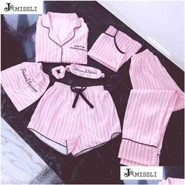 Ropa en el hogar Jrmissli Pajamas Mujeres 7 piezas Pajamas Pajamas rosa Silcio Y Lingerie Carretera Conjunto de ropa de dormir Pijama Woman 210831 Drop dhwrv