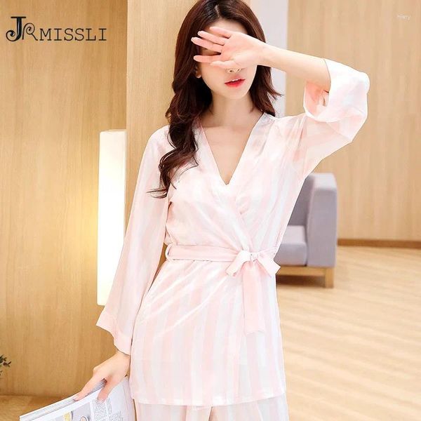 Vêtements à la maison jrmissli femmes pyjamas satin vêtements de sommeil rayé pijama en soie pyjama costume mignon sleep salon