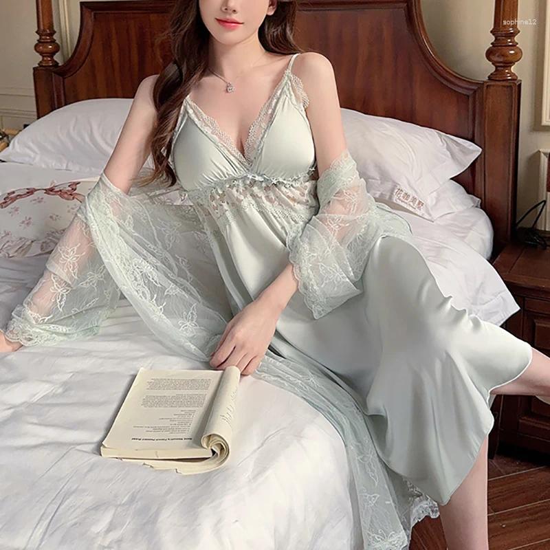 Home Clothing Jxgarb Women's Sexy Robe And Gown Sets Fashion Ladies Ice-silk With Lace Trim Night Clothes Female Wedding Bridals Nighties