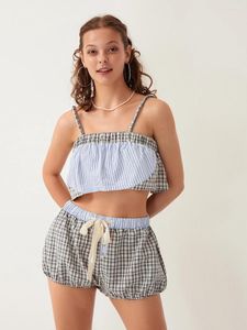 Thuis Kleding Kimydreama Vrouwen Plaid Pyjama Set 2 Stuk Loungewear Casual Cropped Cami Tank Tops En Trekkoord Shorts Nachtkleding