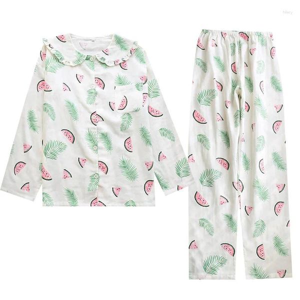 Vêtements maison Kisbini Leaf pastèque femme imprimée pyjamase ensemble pur coton à manches longues Bouton féminin Pyjama au printemps