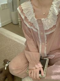 Accueil Vêtements Lace Coton Pyjamas d'automne Ensemble Femmes Kawaii Sweet Two Piece Suit Shirts Pant